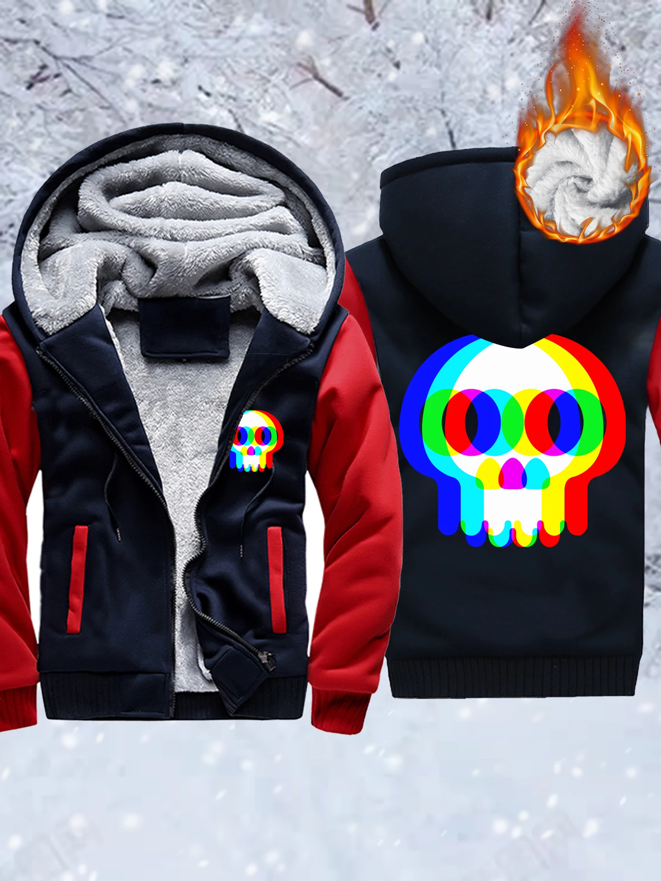 Felpa da uomo con motivo teschio colorato e alucinazione, cappotto spesso, morbido streetwear, giacca da esterno in pile di alta qualità