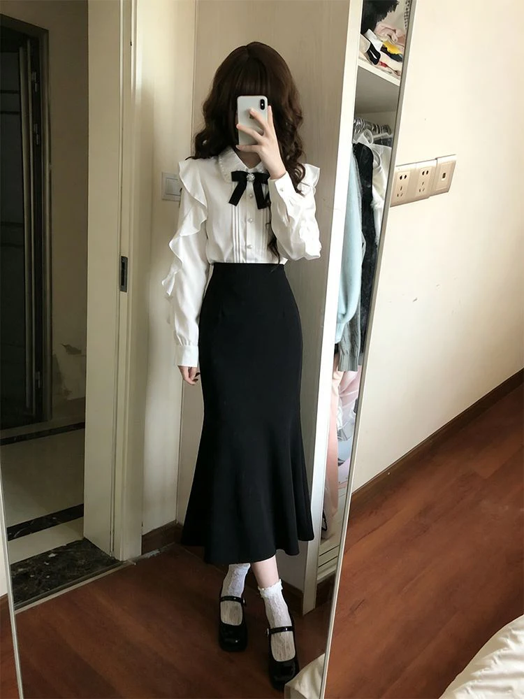 Elegant Pearl Collar Long Sleeve Shirt High Waist Fish Tail Skirt Two Piece Set Women's Early Autumn Slimming Bodycon Outfit