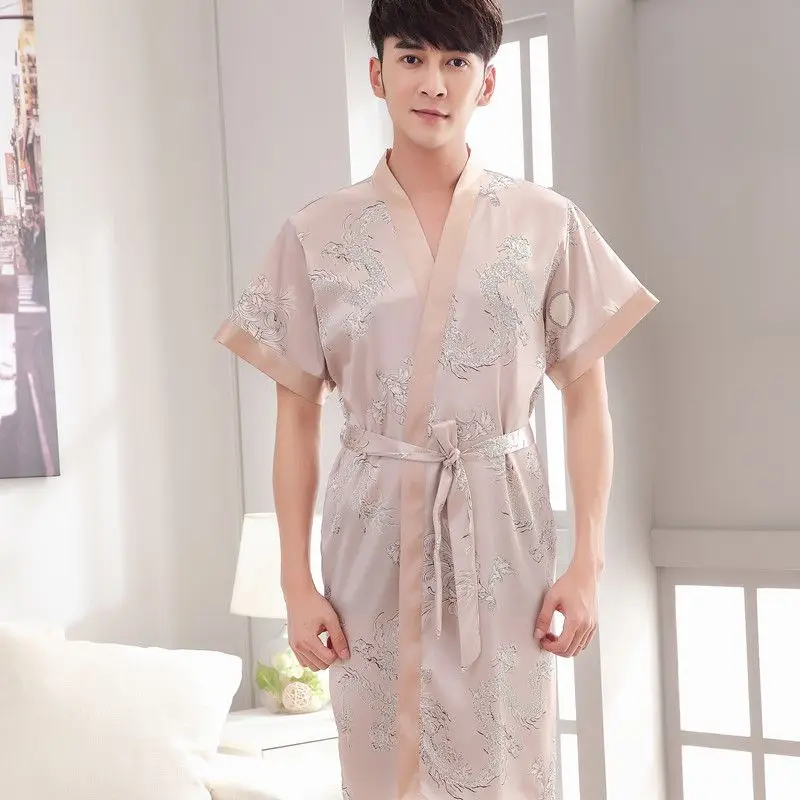 Night Gown Gentleman Summertime Thin Ice Silk Sexy Bathrobe Spring and Autumn  Imitated Silk Pajamas Loungewear Short Sleeve