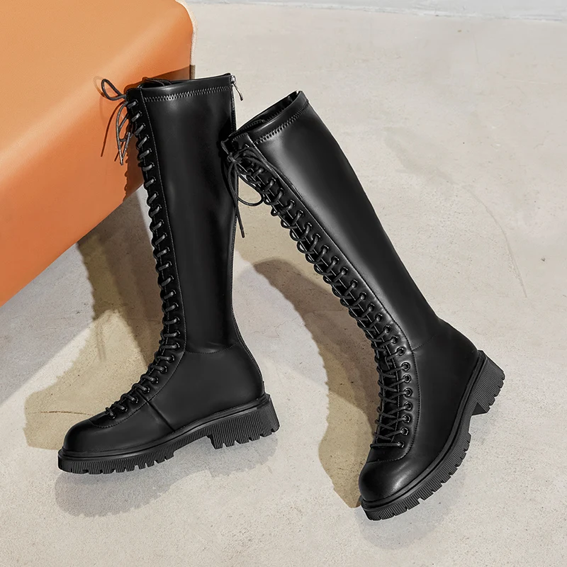 XiangXiangLi bottes de moto de Style britannique avec doublure en fourrure bottes d'équitation longues pour femmes à lacets bottines équestres à la mode
