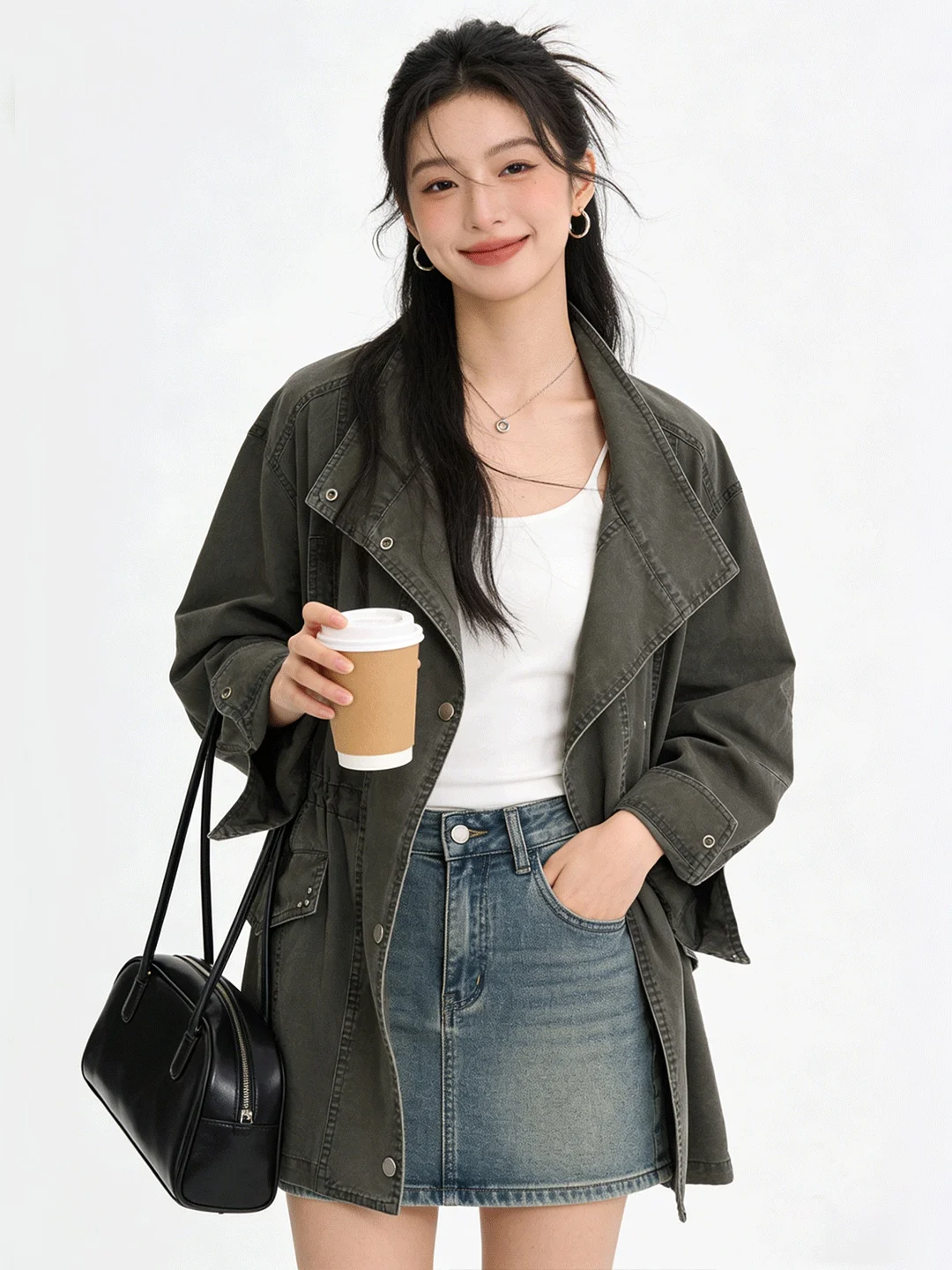 2026 Spring Casual Drawstring Waist Korean Style Retro Workwear Denim Jacket Stand Collar Mid-Length Casual Outerwear