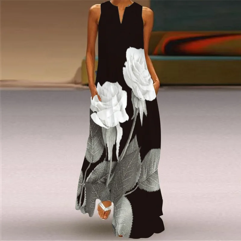 Women Summer Sleeveless V-Neck Dress Elegant Vintage Print Long Dress Beach Party Casual Tank Women Maxi Dress Large Size Robe