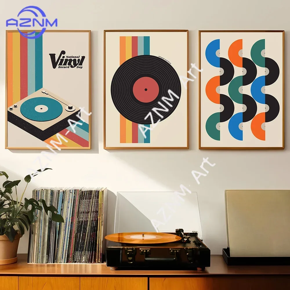 Retro Vinyl Record Print Mid Century Music Minimal Pastel Poster Colorful Wall Art Trendy Minimalist Turntable Home Room Decor view 2
