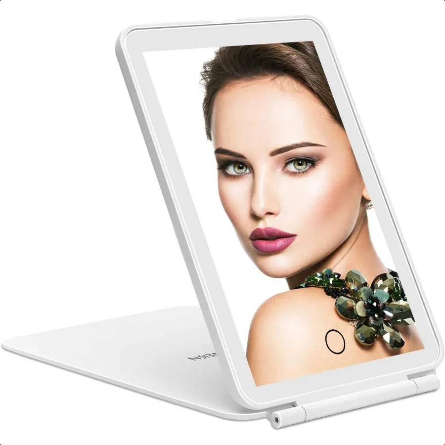 

LED Tabletop Mount Makeup Mirror for Travel 32 LEDs Lighted Vanity Mirrors with Dimmable Lighting Compact Slim Rechargeable Fol
