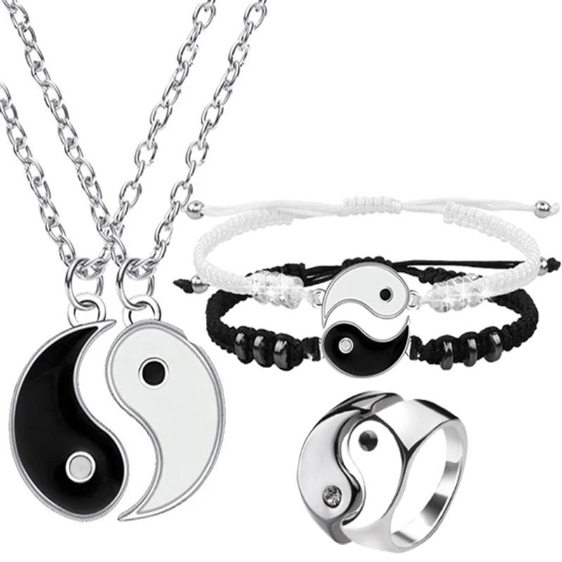 Yin Yang Tai Chi Couple Bracelets Rings Alloy Pendant Adjustable Braid Chain Necklace Matching Lover Bracelet Necklace Earring