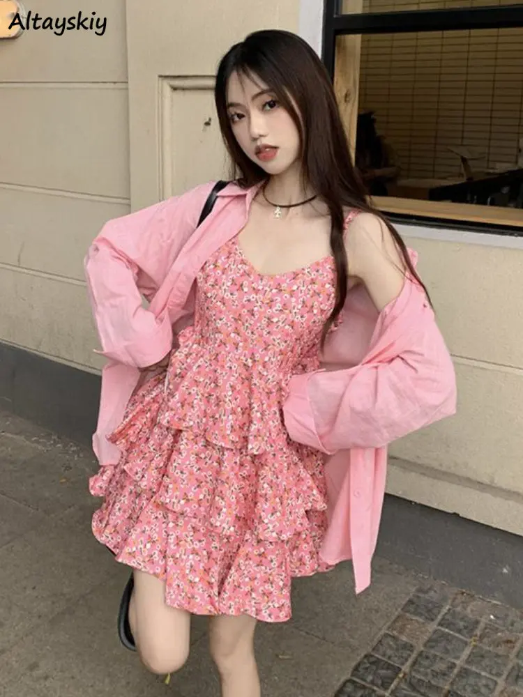 

Sets Women Sun-proof Lazy Long-sleeve Shirts Floral Mini Dresses Ruffles Sweet Fashion Korean Style Young Tender Girlish Chic