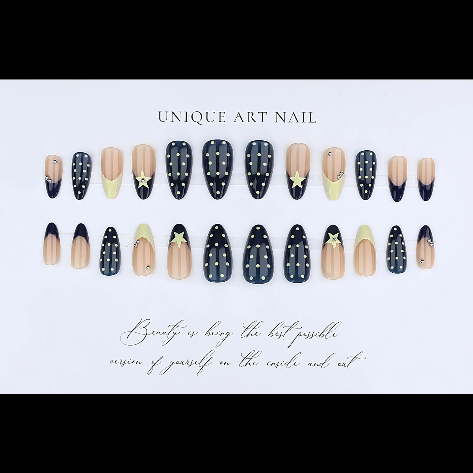 24 Stück französische künstliche Nägel mit Sternenmuster, blau, gelb, bunt, gepunktet, zum Aufdrücken auf die Nägel, Nagelspitzen, künstliche Nägel, tragbare künstliche Nägel – Detail 7