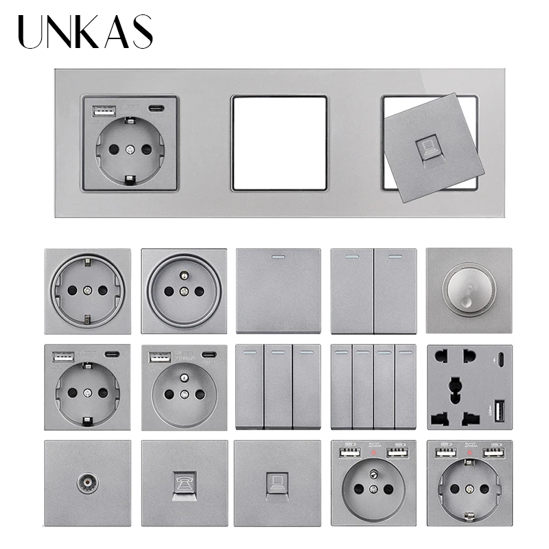 UNKAS Gray Glass Panel Modules Combination Free French EU Socket TypeC USB Telephone Dimmer 1 Gang 1 Way Outlet DIY Matching