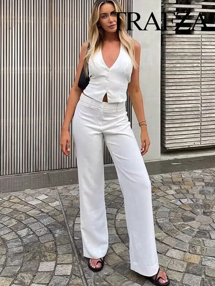 TRAFZA 2024 Women New Fashion 2 Piece Set Backless Sleeveless Halter Neck Lace-Up Suit Vest+Chic Zipper Casual Suit Long Pants