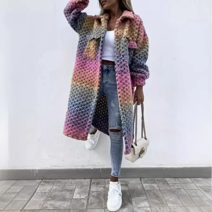 

Свободный свитер-пальто с воротником-стойкой и пуговицами на осень-зиму 2023, женское модное облегающее длинное све све средней длины