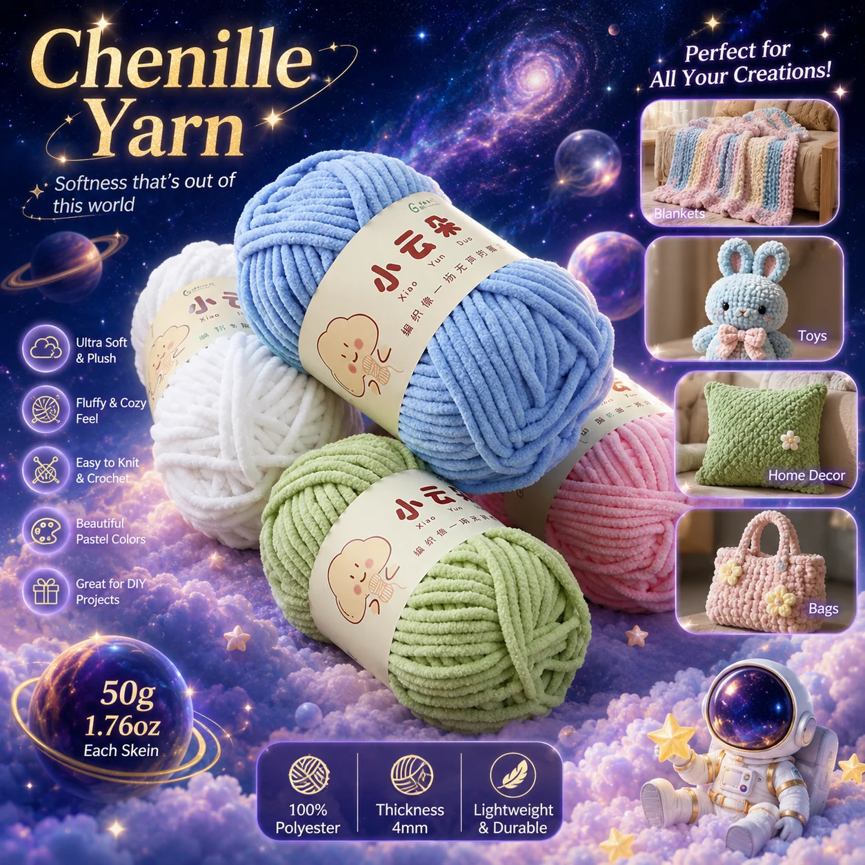 3er-Pack mit kleinen Wolken-Garnen, jeweils 50 g, insgesamt 150 g, einfarbiges Chenille-Wolken-Garn, weich und angenehm zu tragen, geeignet zum Stricken von Puppen, Schals, Hüten, Hausschuhen,