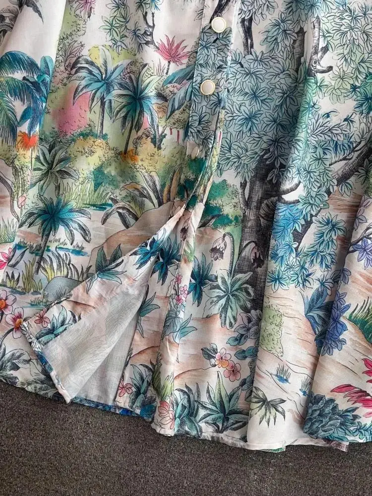 Summer Vintage Court Floral Print Dress Women's Notched Collar Short Sleeve Pearls Single Breasted Belt Boho Maxi Long Robe