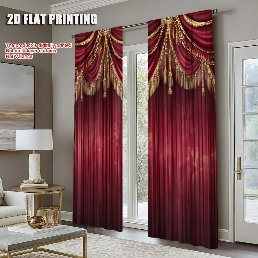 2Pcs Red Window Curtains Digital Printed Rod Pocket Design For Bedroom Living Room Office Decor Polyester Material Machine