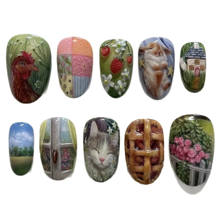 24 pièces Style pastoral amande presse sur ongles doux mignon petits animaux motif de fleur faux ongles couverture complète faux ongles conseils