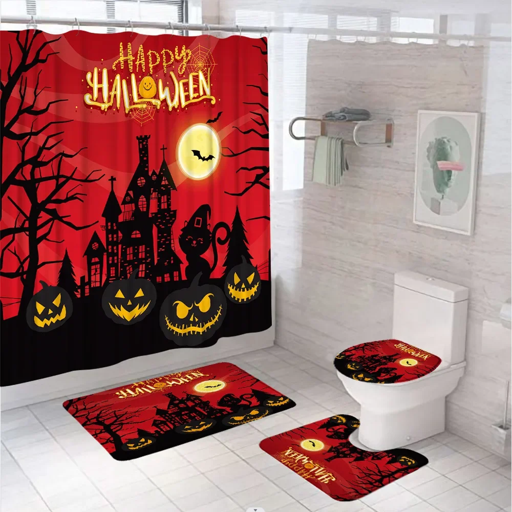 4Pcs Halloween Spooky Shower Curtain Set Black Cat Pumpkun Lantern Bat Gothic Castle Bathroom Toilet Lid Cover Non-Slip Rug Mats