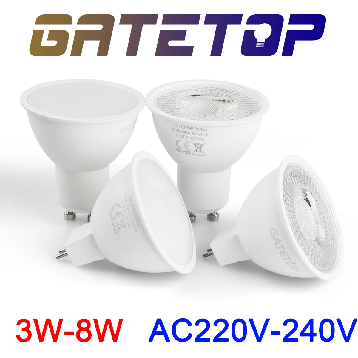 

LED spotlight GU10 GU5.3 AC220V high luminous efficiency, no flicker, warm white light 3W-8W, can replace 20W 50W halogen lamp