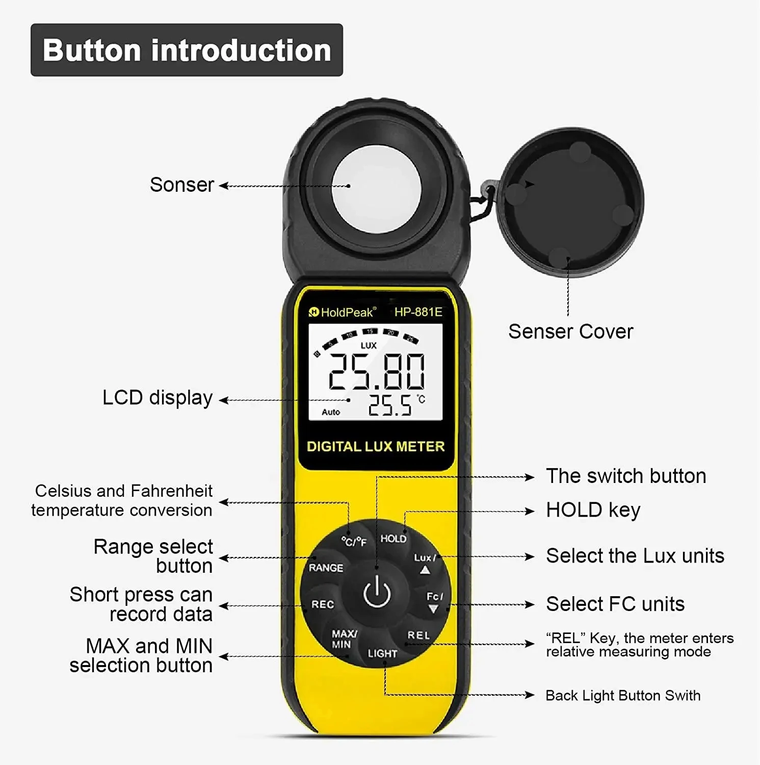 881E Digital Illuminanc/Light Meter with 0.01~300,000 Lux(0.01~30,000 FC) Measuring Ranges for LED Lights and Plants Lumen Meter