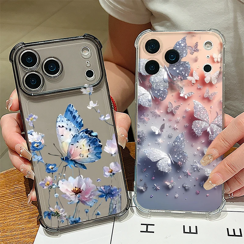 Schmetterling-Blumen-Muster Silikon-Handyhülle für iPhone 17 Pro Max 16 15 Pro Max 14 13 12 Pro Max 11 Stoßfeste Transparente Schutzhülle