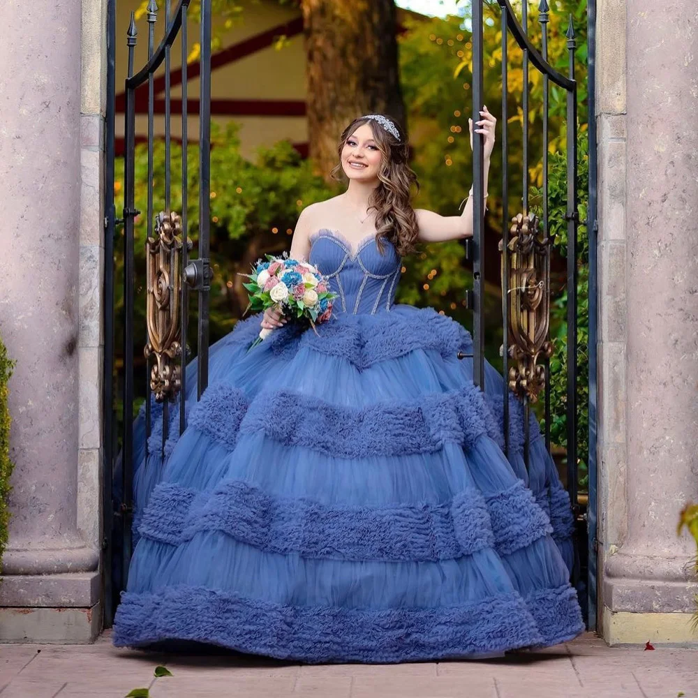 Luxury Blue Quinceanera Dress 2024 Ball Gown Princess Sweet 15 16 Birthday Party Gown Pleats Layers Ruffle Backless Pageant Miss