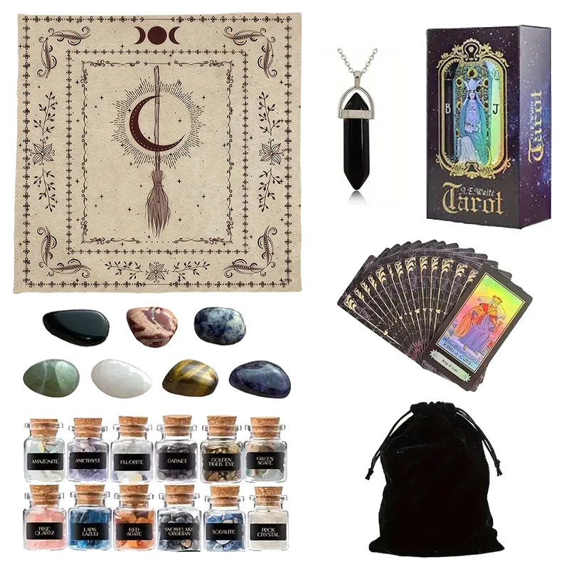 

Tarot Card Set 1 Set 78 Tarot Cards 12 Mini Crystal Vases 7 Chakra Stones 1 Tarot Tablecloth 1 Pendant Accessory 1 Storage Bag