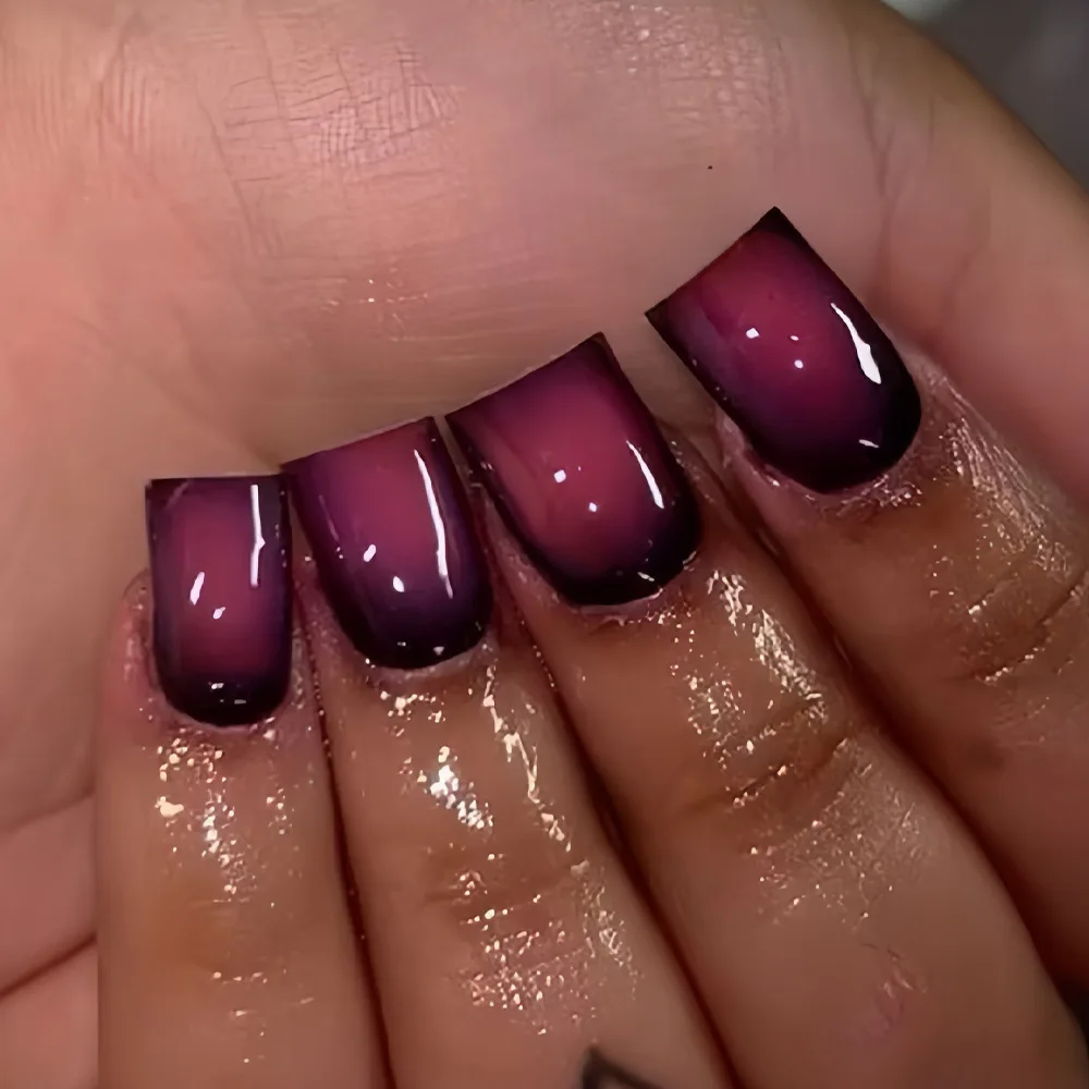 Short Square fake nails for women gradient black red rose pink blush french style full cover press on acrylic false nail art