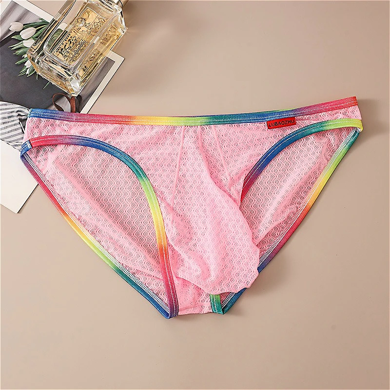

New Convex Pouch Briefs Sexy Mens Underwear Ice Silk Mesh Transparent Pink Man Panties Low Waist Quick Drying Breathable Трусики