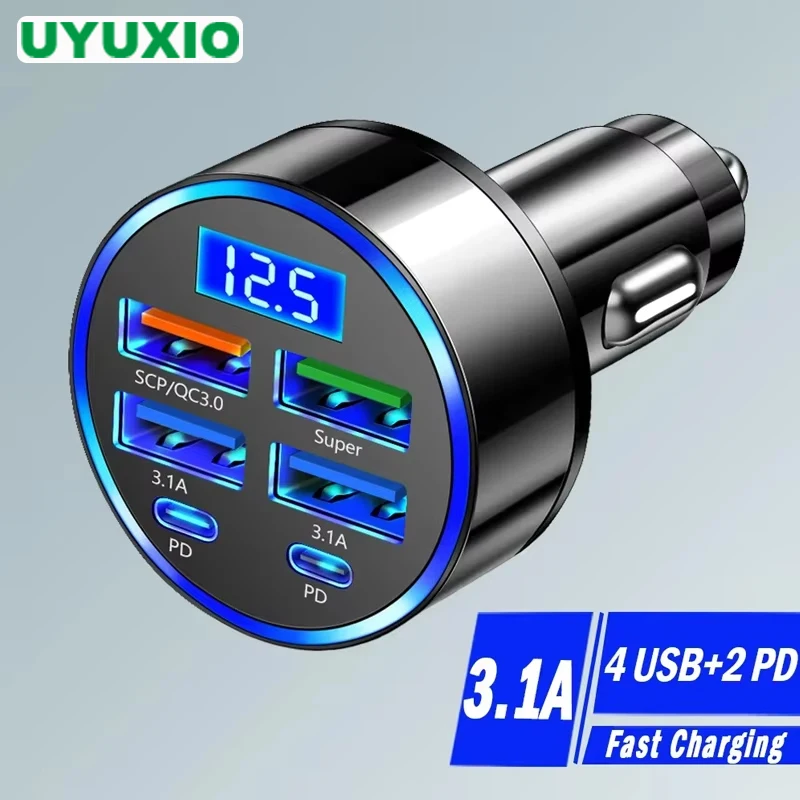 UYUXIO Dual PD متعدد المنافذ USB C محول شاحن هاتف السيارة مع عرض الجهد شحن سريع للغاية مع مقياس الفولت لهاتف iPhone OPPO #1