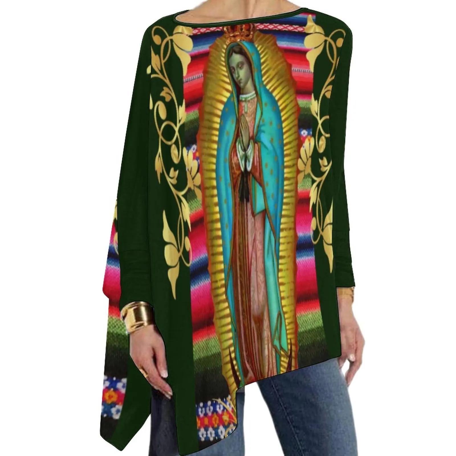 Virgin Mary Zarape T Shirts Our Lady of Guadalupe Street Fashion Long Sleeve T-Shirt Funny Pattern Tee Shirt Tops Big Size 6XL