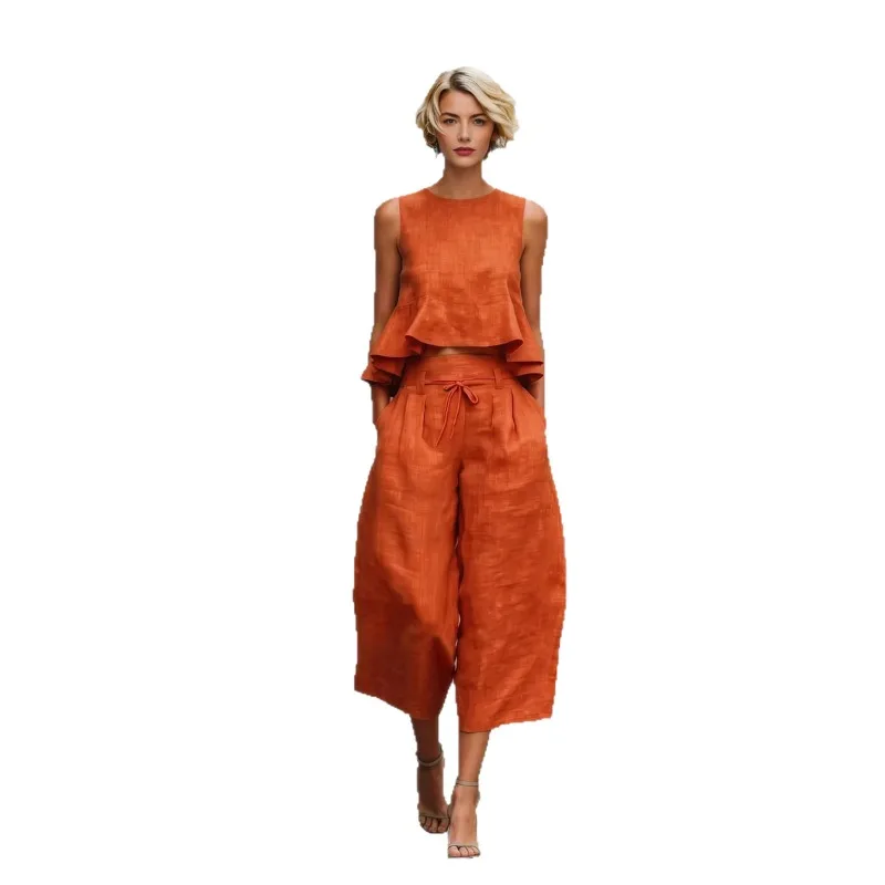 The New European American Cross-border Summer Women's Linen Blend Two-piece Set Contains Lotus Leaf Edge Dew Simple Casual Trend