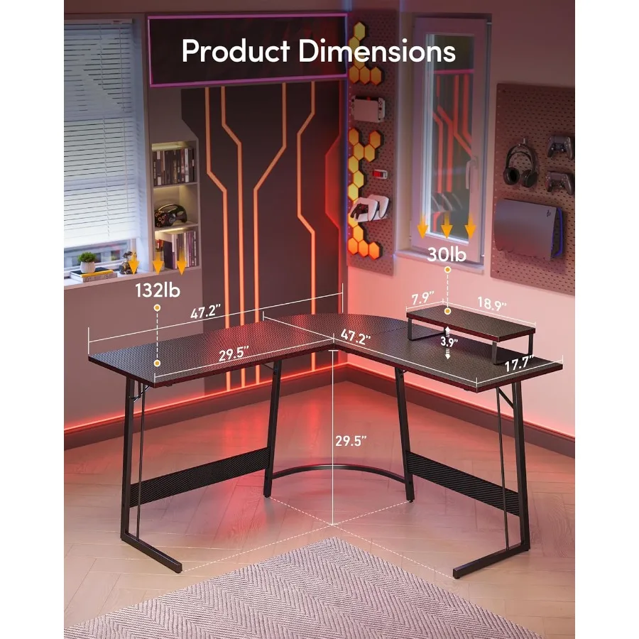 โต๊ะทำงานเล่นเกมรูปตัว L โต๊ะคอมพิวเตอร์สำนักงานพร้อมพื้นผิวคาร์บอนไฟเบอร์ โต๊ะเข้ามุมขนาด 47 นิ้วพร้อมขาตั้งจอขนาดใหญ่สำหรับโฮมออฟฟิศ