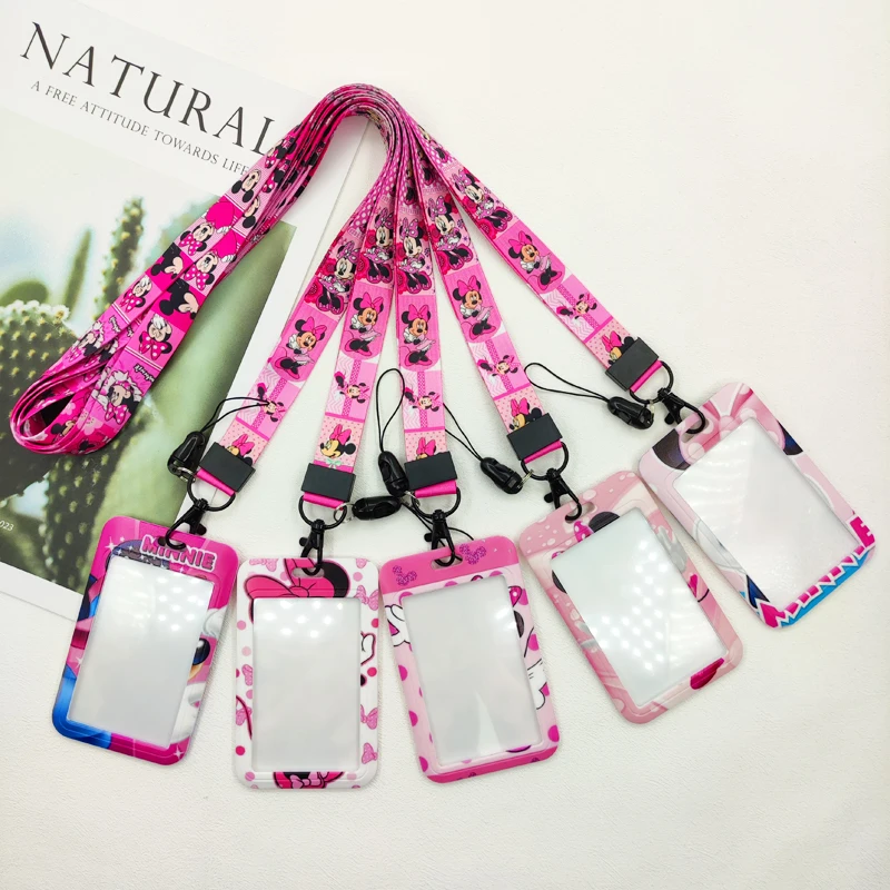 Disney Minnie Lanyards Badge Holder Disney Credit Card Holders Neck Strap Keychain Women Credential Accessories Card Case