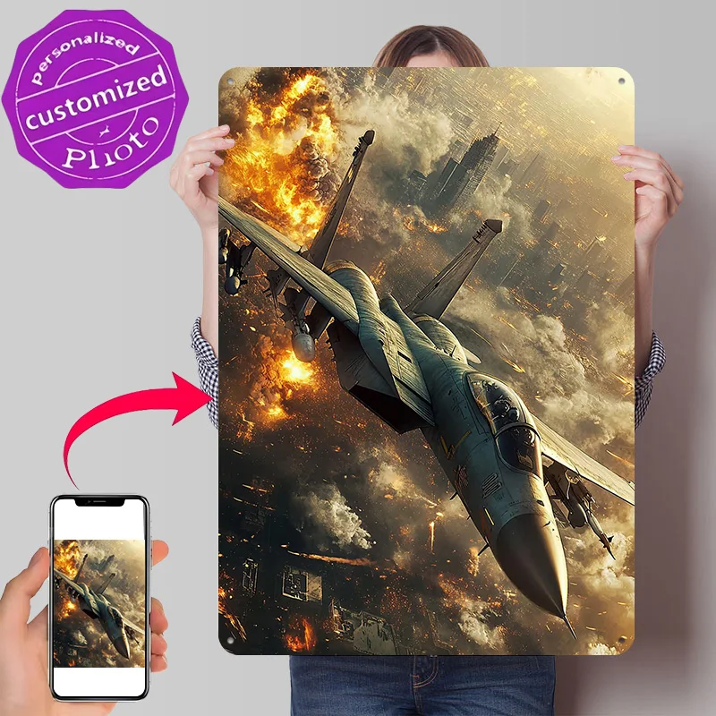 Fighter Jet Over City 3D Texture Printed Poster Custom Vintage Metal Tin Plate Sign for Wall Art Living Room Interior Decoration