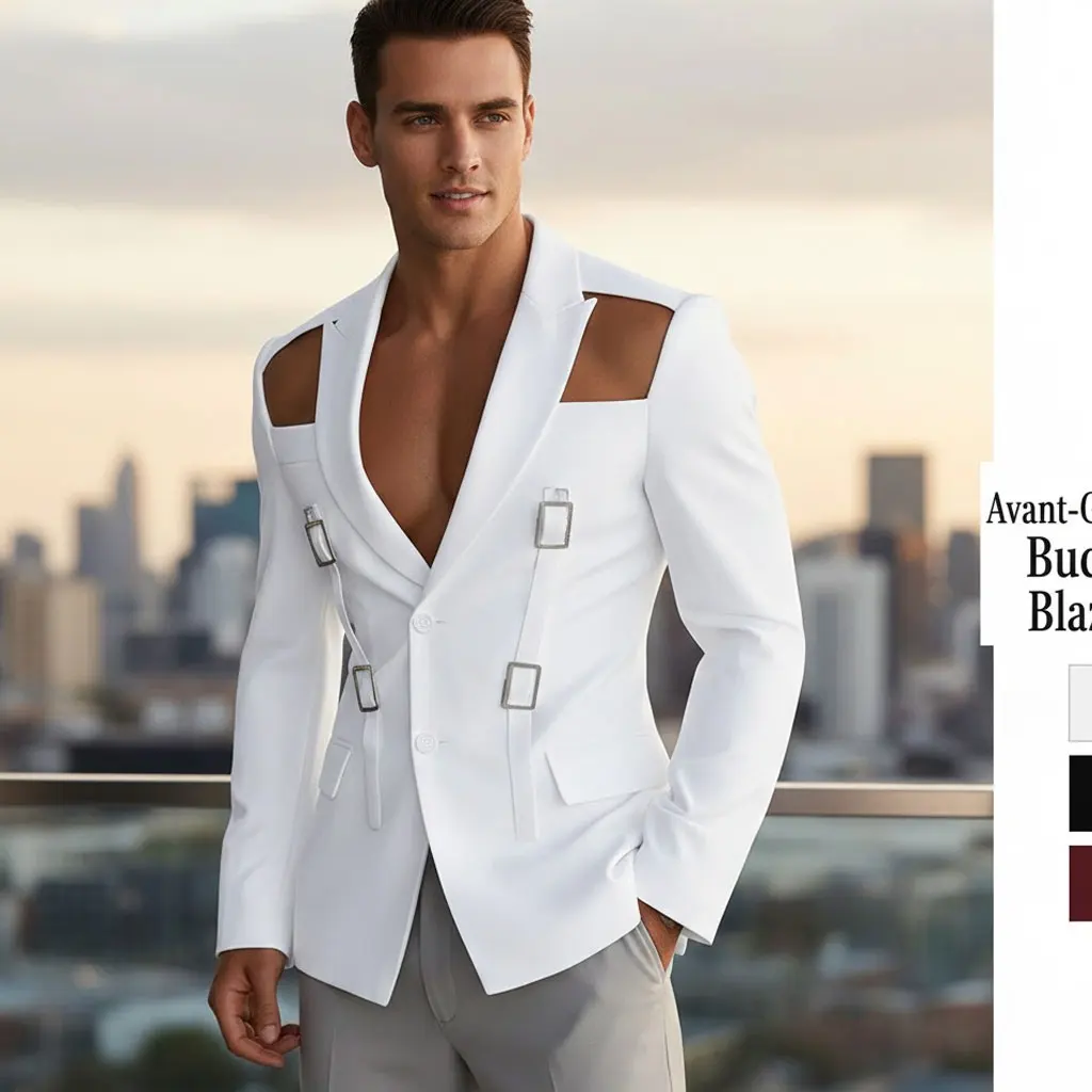 

Однотонный приталенный пиджак с металлической пряжкой и вырезами