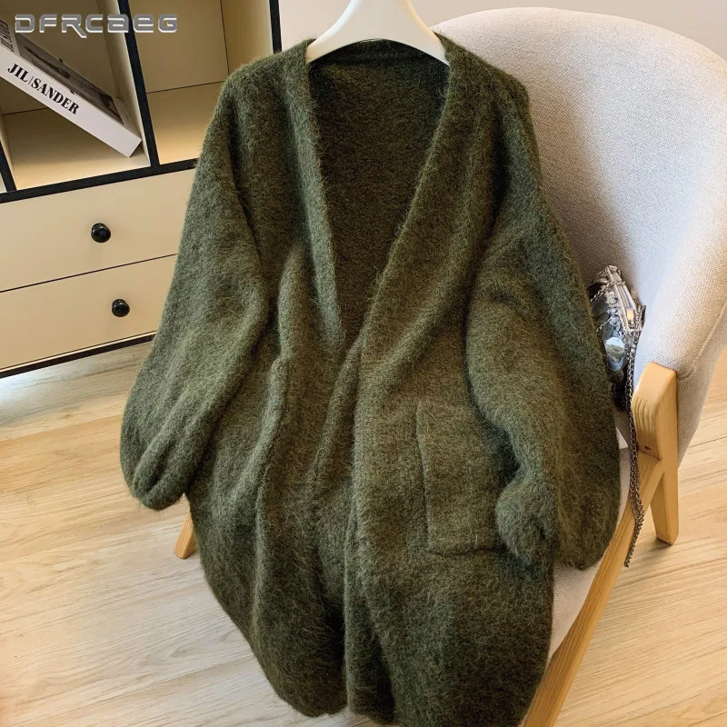 

Серый зимний женский длинный вязаный кардиган большого размера, пальто в ленивом стиле, свободные свитера из смеси шерсти с длинными рукавами, верхняя одежда