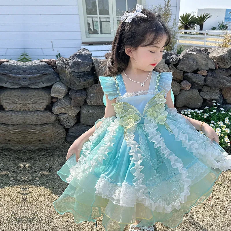 

XT8Summer Forest Elf Lolita Dress Girls Green Princess Costume Halloween Luxury Lace Outfits Kids Carnival Fantasy DisguiseXT6@!