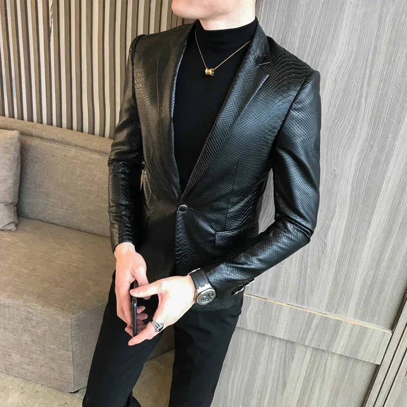 Men's Slim Fit Blazers Jackets for Men PU Leather Suit Coats Men Leather Jackets Male Business Casual Suit Coats Man Blazers