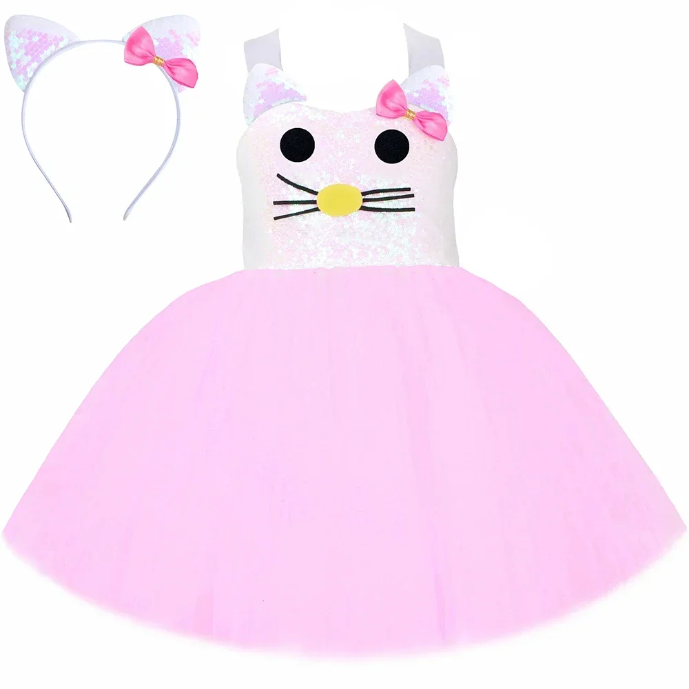 Girls Rabbit Bunny Costume Kids Easter Tutu Dress White Pink Cartoon Kitty Princess Dress Girl Halloween Birthday Party Dresses