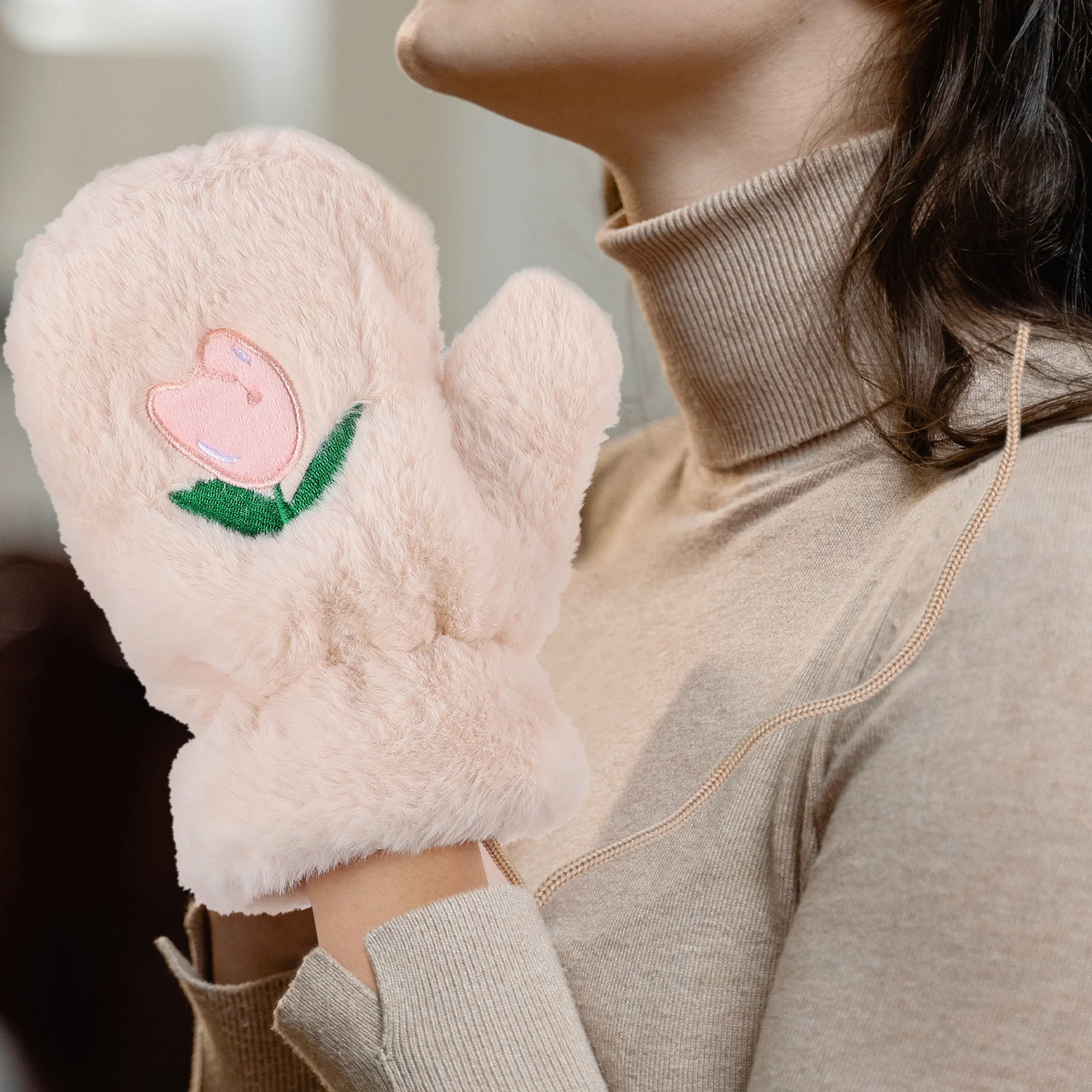 1Pair Women Gloves Warm Mittens Cute Tulip Design Soft Comfortable for Winter Outdoor Activities Warm Gloves Women Mittens