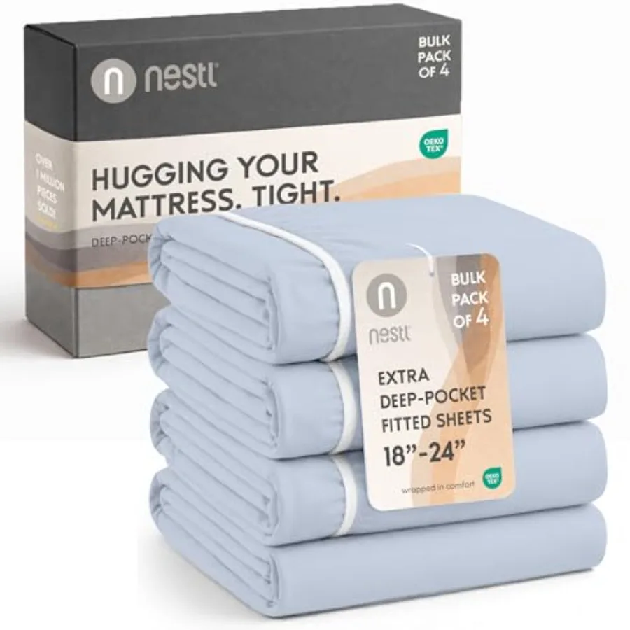 

4 Pack Ice Blue Fitted Sheet Extra Deep Pocket, Hotel Luxury Fitted Sheet Only Easily Fits 18 to 24 Inch Mattress, Super Soft,