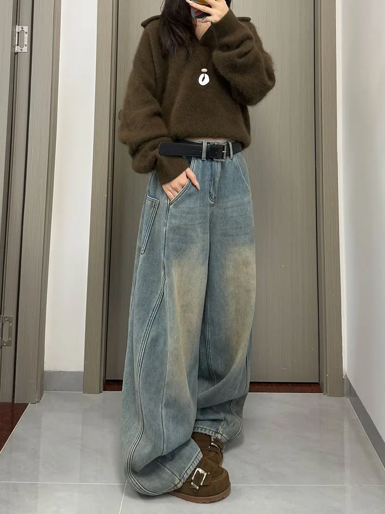 

Зимние широкие брюки Thiened Fce с высокой талией на молнии, повседневная одежда, синие джинсовые укороченные брюки, винтажные Гонконгские брюки