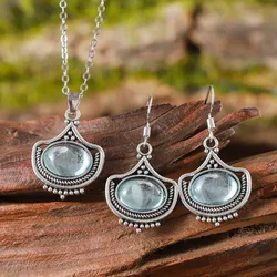 Bohemian Personalized Earrings Necklace Retro Blue Oval Gemstone Pendant Palace Style Jewelry