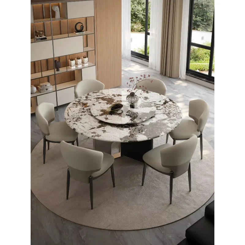 Modern Luxury Round Black And White Marble Dining Table With Lazy Susan Turntable For 6-8 Person, Elegant Home Furniture