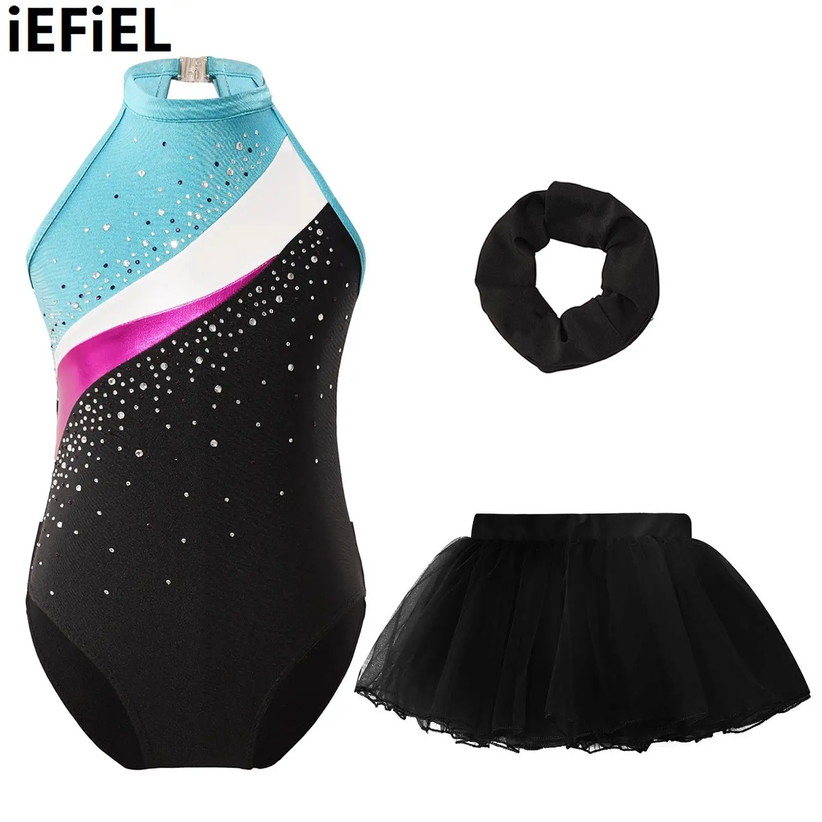 

Kids Girls Gymnastics Dance Set Hollow Back Shiny Rhinestone Decorated Leotard with Mesh Tutu Skirt Hair Band for Figure Skating