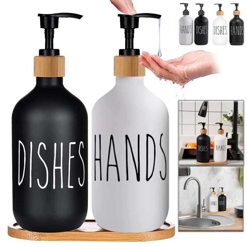 500ml Hand Dish Soap Dispenser Set With Bamboo Tray Refillable Plastic Bottle Shampoo Shower Gel Lotion Liquid Empty Container