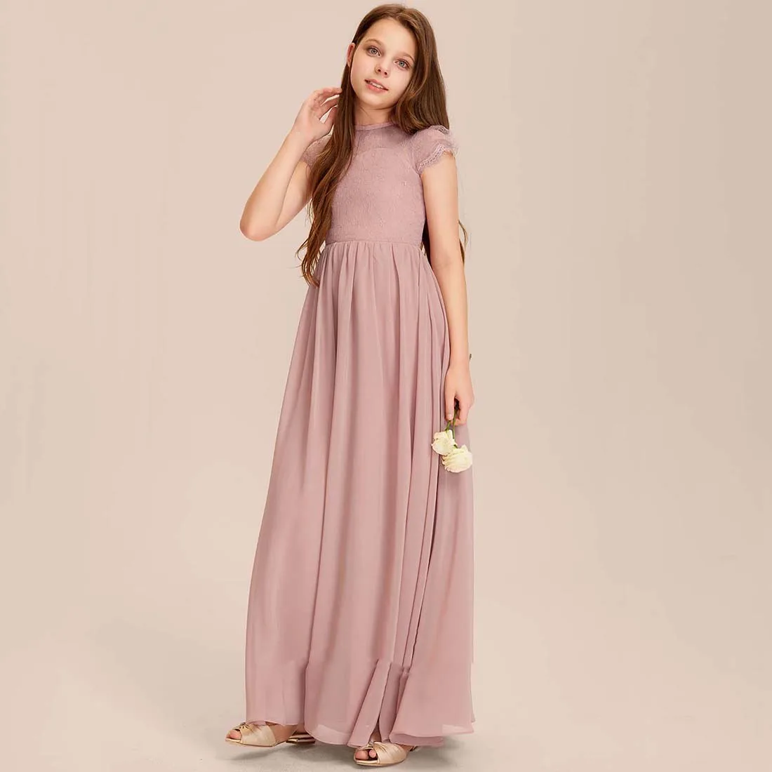 YZYmanualroom Chiffon Lace Junior Bridesmaid Dress A-line Scoop Floor-Length 2-15T