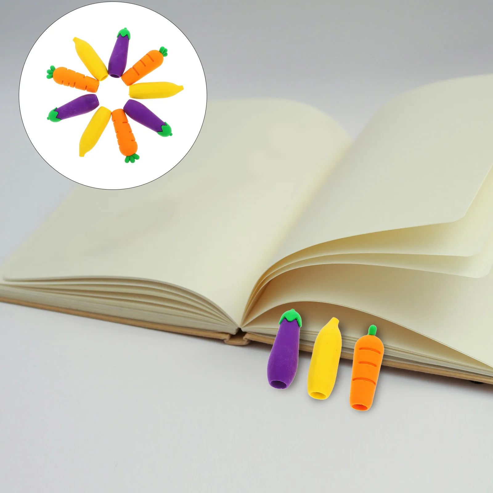 

9Pcs Adorable Pencil Caps Erasers Carrot Banana Eggplant Shapes Multifunctional Accessories for Students Artists
