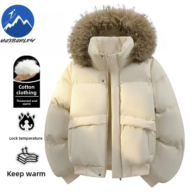 

Luxury Mens Padded Jacket Comfort Hiking Travel Thickened Warm PU Coats Premium Detachable Fur Collar Hood Winter Cotton Coat