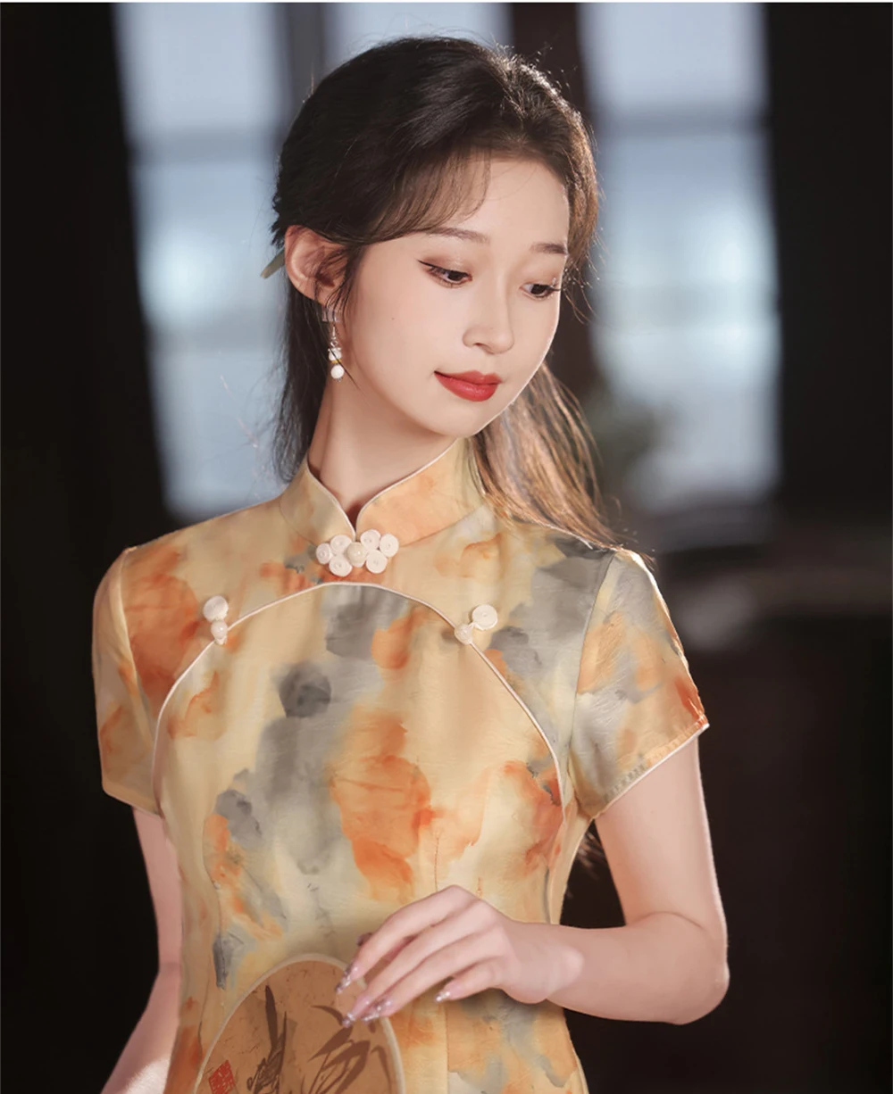 Yellow Cheongsam Female Summer High-end Printed Qipao Improved Girl Young Temperament Retro Republic of China Dress Chinoise New