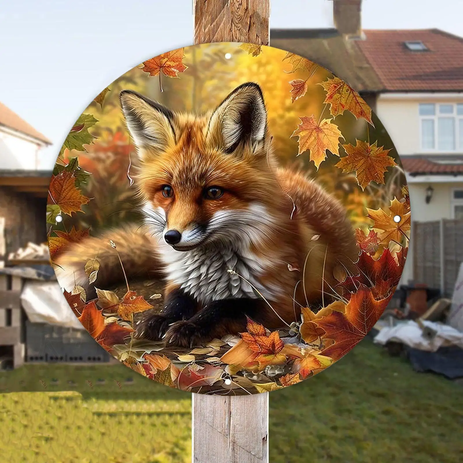 2D Flat, 2D Flat Round Metal Sign, Lebensechter Fuchs in der Herbstlandschaft, geeignet für Wohnzimmer, Schlafzimmer, Café, Bar, Garage, Home De