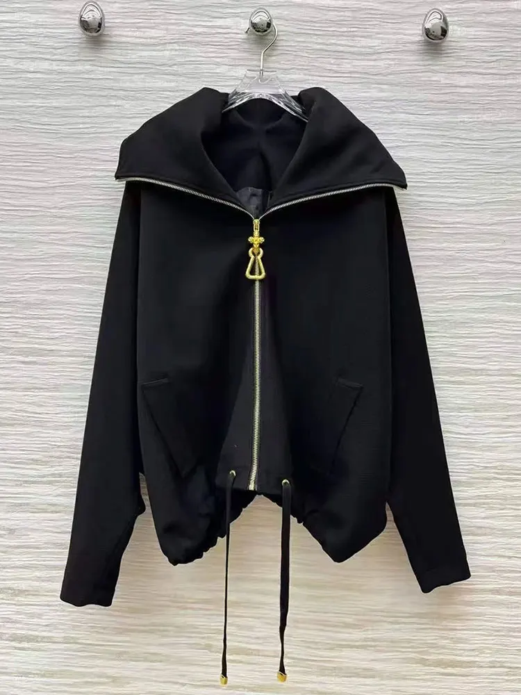 GACVGA ルーズラペルジップジャケット & コート女性 2025 秋のファッションストリート長袖巾着特大カジュアルジャケット